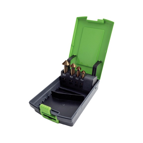 Escareador Quattro – Ferramenta de Alta Precisão com Quatro Cortes Desiguais Estojo aberto com quatro brocas douradas dentro