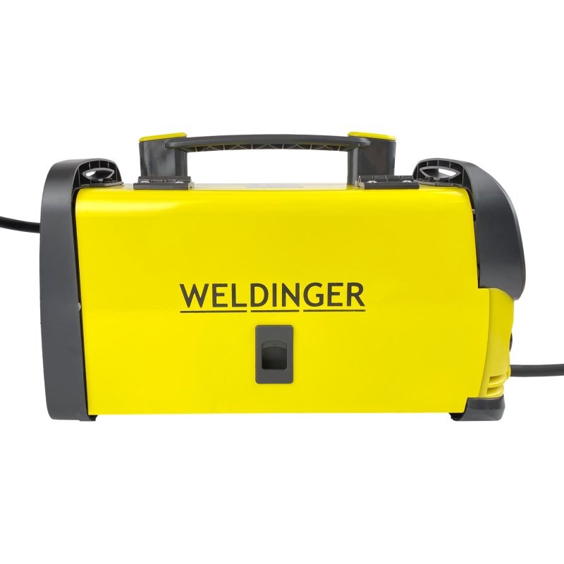 WELDINGER ME 130 mini FLUX – Equipamento de Soldadura Fio Fluxado e Eletrodo Aparelho de soldadura amarelo e preto com inscrição WELDINGER