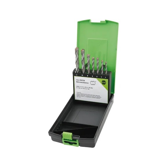 Kit Broca multiuso UNICON cassete de 7 peças - haste lisa Conjunto de brocas metálicas com estojo plástico preto e verde aberto