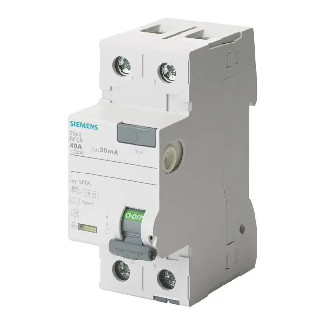 SIEMENS 5SV3314-6 2P 40A 30MA TIPO A 230V - N direita Disjuntor Siemens 40A 30mA branco com alavanca cinza e verde