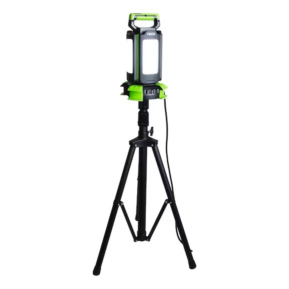 Lâmpada de trabalho RECA ZONA 4 Lanterna LED de trabalho preta com verde fluorescente montada em tripé