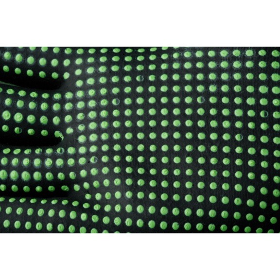 Luvas de Proteção Flexlite Plus Superfície preta com pontos verdes em relevo formando padrão uniforme