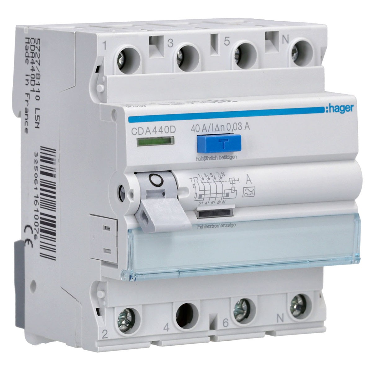 HAGER CDA440D – Interruptor Diferencial 4P 40 A | 30 mA Tipo A Disjuntor diferencial branco Hager CDA440D com botão azul e marcações numéricas