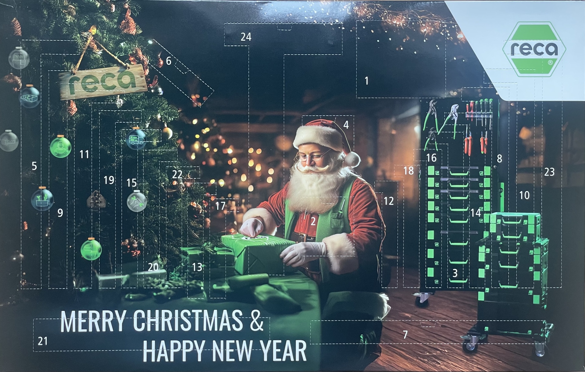 🛠️ CALENDÁRIO DO ADVENTO XXL RECA – 24 SURPRESAS NO VALOR DE 110 € Calendário do advento com Pai Natal, árvore de Natal, ferramentas e texto Merry Christmas & Happy New Year