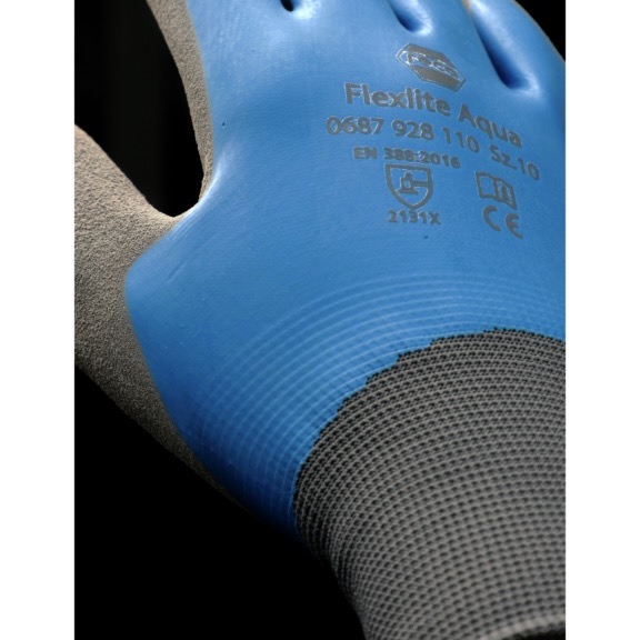 Luvas de Proteção Flexlite Aqua Luvas de proteção Flexite Aqua azul e cinza com texto impresso e textura antiderrapante