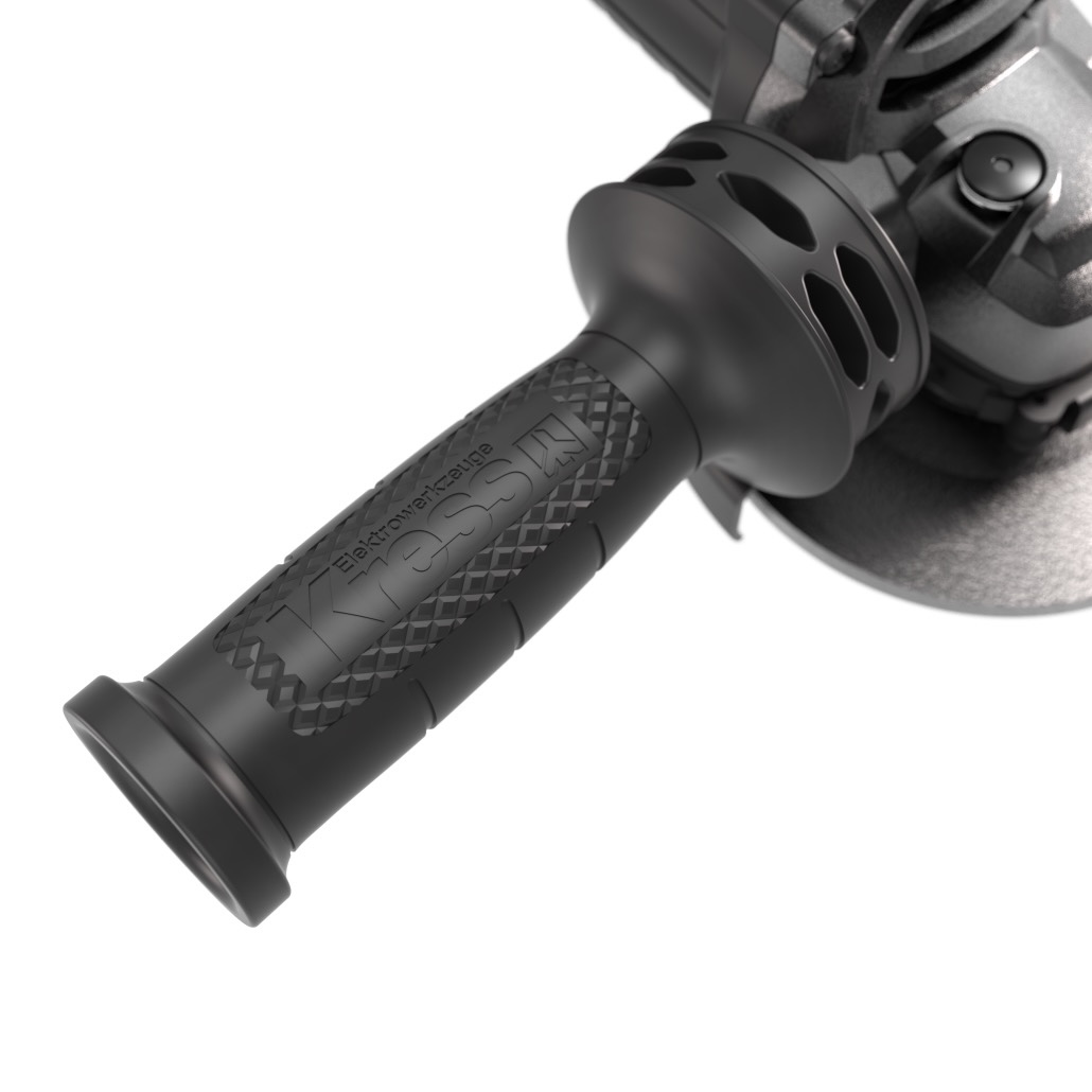 Rebarbadora Angular KUH02 - KUH10 Punho de ferramenta elétrica preta com textura antiderrapante próximo a peça metálica cinzenta