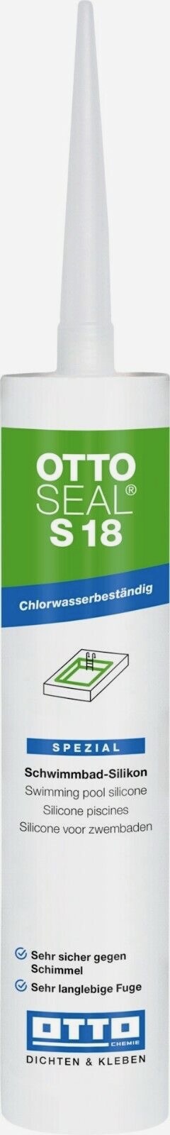 OTTOSEAL® S 18 - O Silicone Ideal para Piscinas Frasco branco de selante silicone OTTO SEAL S 18 para piscinas com etiqueta verde e azul