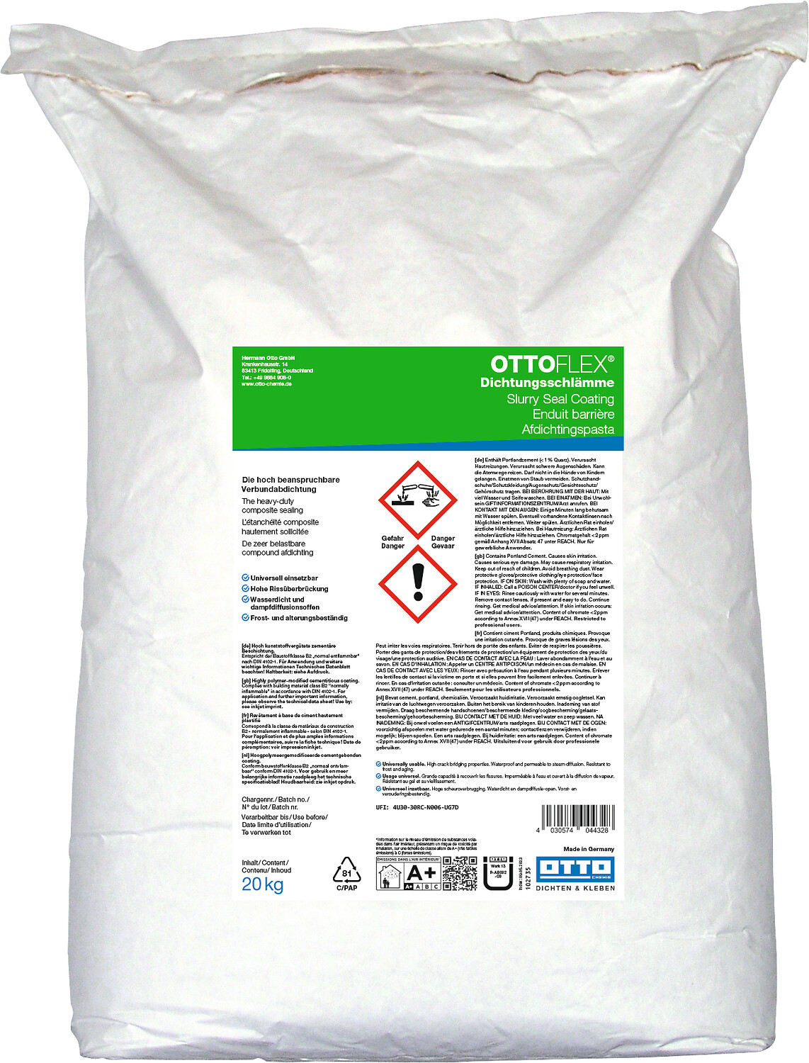 OTTOFLEX® - Argamassa de Impermeabilização Saco branco 20 kg com etiqueta verde e branca do produto Ottoflex Dichtungsbeschlämme