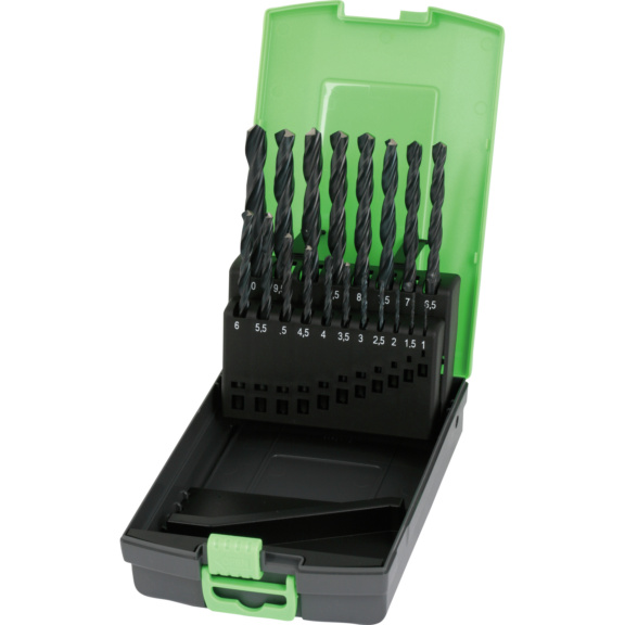 Broca helicoidal DIN 338 HSS laminada - Broca de montagem em cassete de plástico Conjunto de brocas metálicas pretas com caixa plástica preta e tampa verde