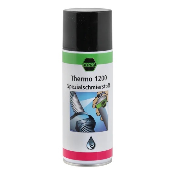arecal Thermo 1200 - Lubrificante com alumínio e grafite 400 ml Lata de aerosol arecal Thermo 1200 Spezialschmierstoff com tampa preta e rótulo colorido