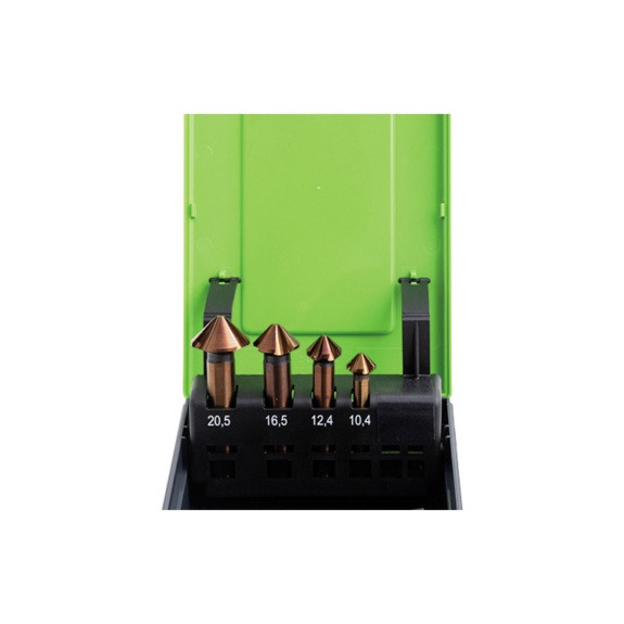 Escareador Quattro – Ferramenta de Alta Precisão com Quatro Cortes Desiguais Caixa verde com quatro brocas de metal bronze