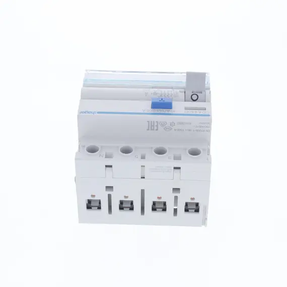 HAGER CDA440D – Interruptor Diferencial 4P 40 A | 30 mA Tipo A Disjuntor diferencial branco com botões pretos e detalhes azuis