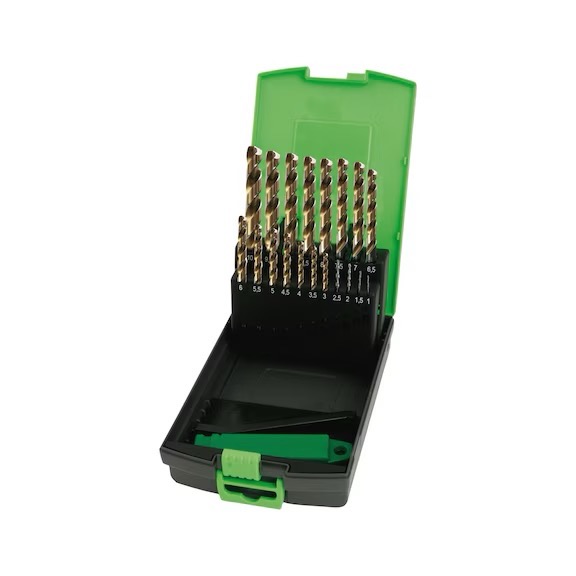 Ultra INOX Broca Helicoidal DIN 338 HSS-Co Conjunto de brocas metálicas organizadas em caixa plástica preta com tampa verde