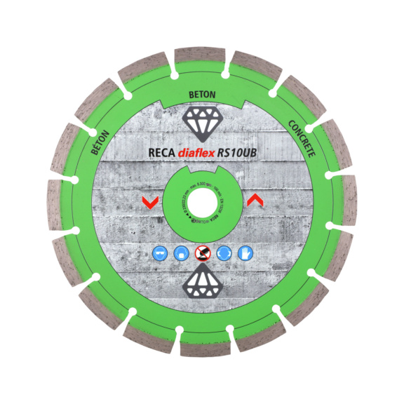 diaflex Beton Universal BASIC RS10UB/Bau-Profi 115-230mm Disco de corte circular RECA diaflex RS10UB verde e cinza com texto BETON e CONCRETE