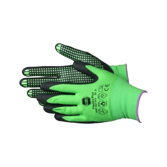 Luvas de Proteção Flexlite Plus Luvas verdes de trabalho com detalhes pretos e borda roxa