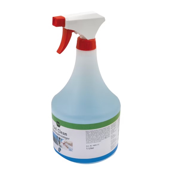 arecal OEL CLEAN - limpador de oficina Frasco spray translúcido azul com tampa pulverizadora vermelha e branca e etiqueta com texto Gel Clean