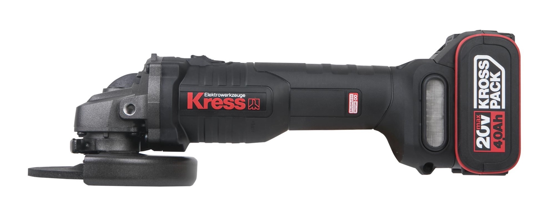 Rebarbadora Angular KUH02 - KUH10 Esmerilhadora angular sem fio preta e vermelha da Kress com bateria 2V KROSS PACK 4.0Ah