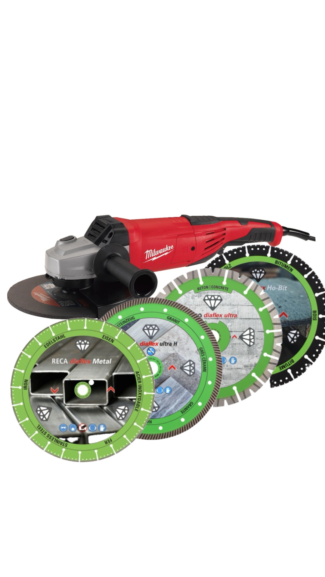 Kit RECA Rebarbadora AG 22-230 com 4 Discos de Corte de Diamante Esmeriladora elétrica Milwaukee com discos de corte verdes