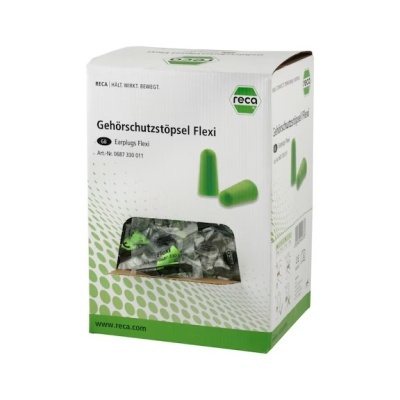 Caixa branca e verde de tampões auriculares Flexi da Reca com texto em alemão e inglês
