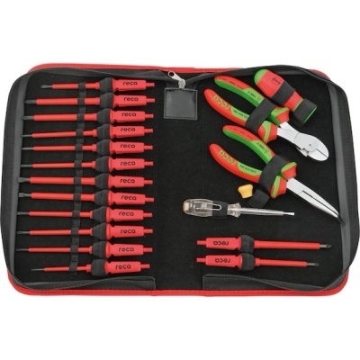 Conjunto de ferramentas em bolsa preta com chaves isoladas vermelhas marca reca e alicates coloridos