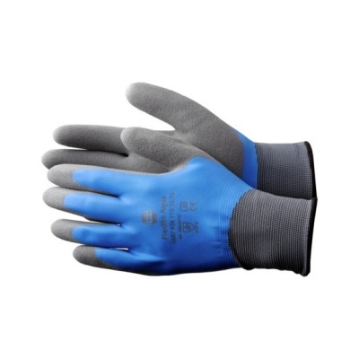 Luvas de proteção azul e cinzento com texto impresso.