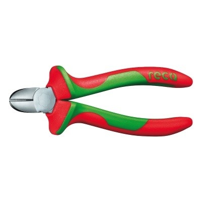 Alicate de corte com punhos vermelhos e verdes e superfície metálica prateada