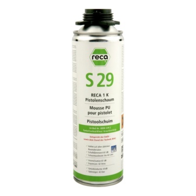 Frasco metálico RECA S 29 espuma PU para pistola com rótulo branco e verde