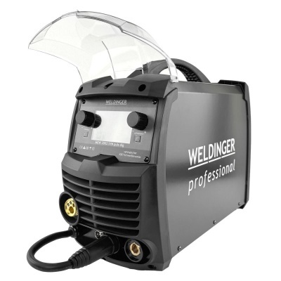Soldador WELDINGER professional preto e cinza, com painel frontal e tampa transparente