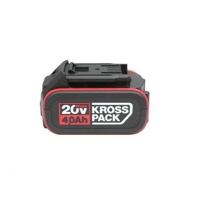 Bateria recarregável preta e vermelha com etiqueta KROSS PACK 20V max 4.0Ah