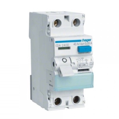 Disjuntor Hager CDA 240D branco com botão azul e marcações técnicas