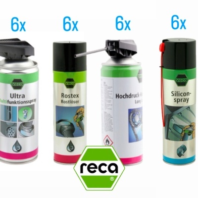 Quatro latas de spray com diferentes rótulos da marca reca, cada tipo com quantidade 6x acima