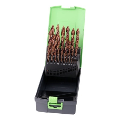 Conjunto de brocas para metal em caixa plástica cinzenta e verde