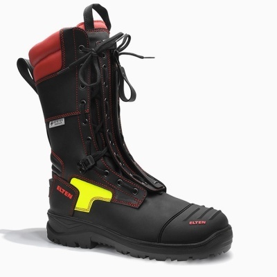 Bota de proteção preta com detalhes em vermelho e amarelo