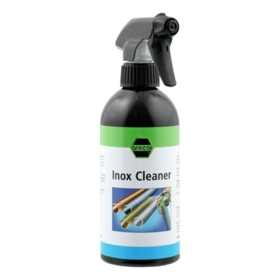Frasco spray Inox Cleaner com rótulo branco, verde e azul