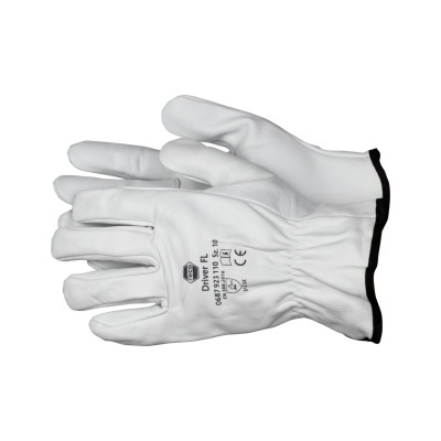 Par de luvas brancas em couro com texto preto impresso