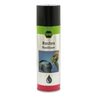 Frasco de spray aéreo Arecal Rostex com tampa preta e rótulo colorido