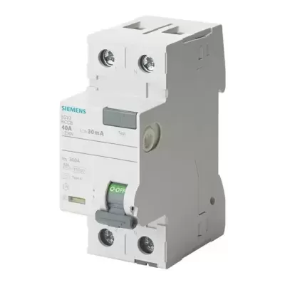 Disjuntor Siemens 40A 30mA branco com alavanca cinza e verde