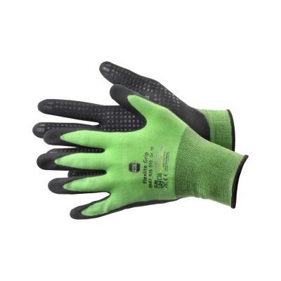 Par de luvas de proteção verdes e pretas com textura antiderrapante e texto impresso.