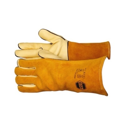 luvas de proteção amarelas de couro com interior bege e logótipos Texo