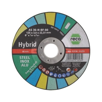 Disco de corte híbrido RECA preto, verde, amarelo, azul e cinzento com texto e código de barras