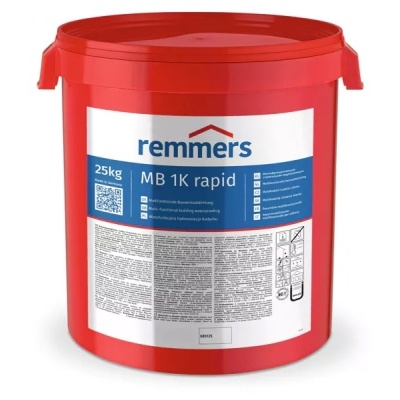 Balde vermelho de 25 kg remmers MB 1K rapid com etiqueta azul e branca