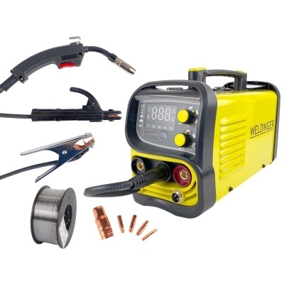 Kit de soldadura com máquina amarela, pistola preta, carretel de arame e acessórios metálicos