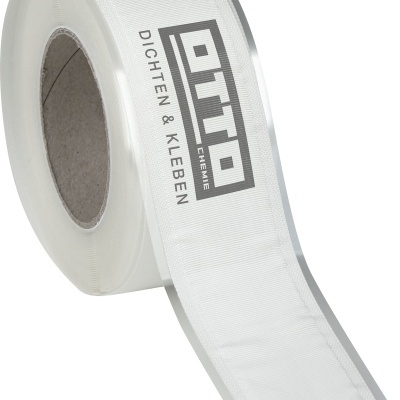 Rolo de fita adesiva branca com texto OTTO CHEMIE DICHTEN & KLEBEN