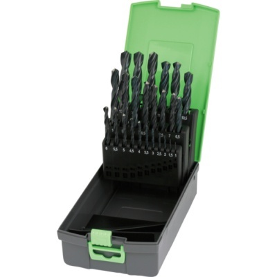 Conjunto de brocas pretas em caixa cinza com tampa verde