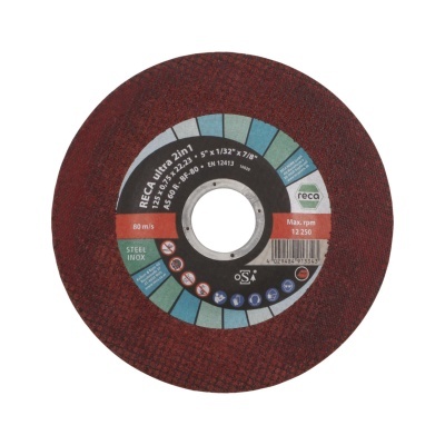 Disco de corte RECA ultra 2in1 castanho com etiquetas azuis e brancas