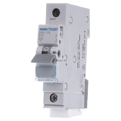 Disjuntor branco Hager MBN 116 com alavanca cinza e textos técnicos