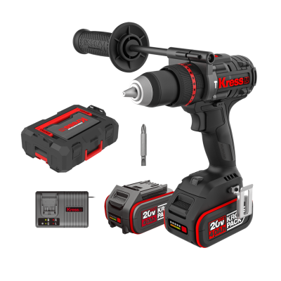 Conjunto de ferramentas Kress com chave de impacto preta e vermelha, bateria, carregador e estojo