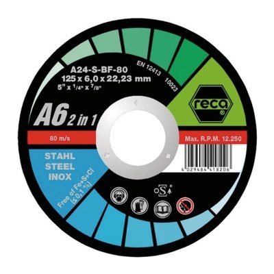 Disco de corte Reca A6 2 in 1 para aço inox com texto e código de barras