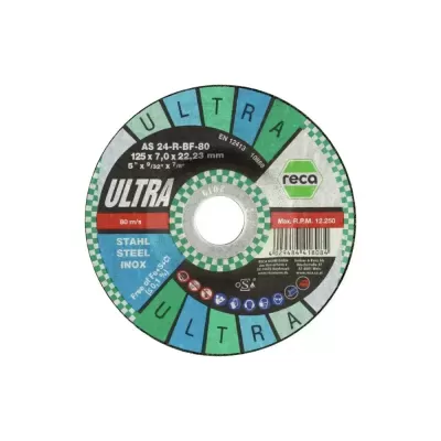 Disco de corte abrasivo RECA com design verde, azul e preto para cortar aço inox