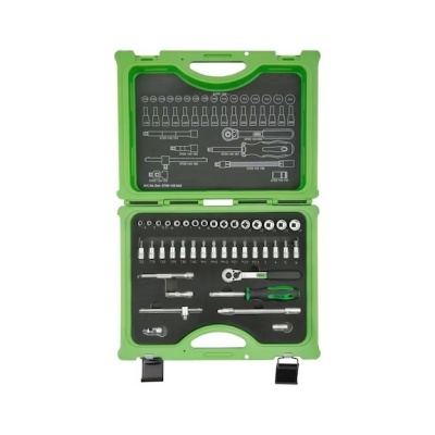 Estojo verde aberto com conjunto de ferramentas ordenadas e organizadas